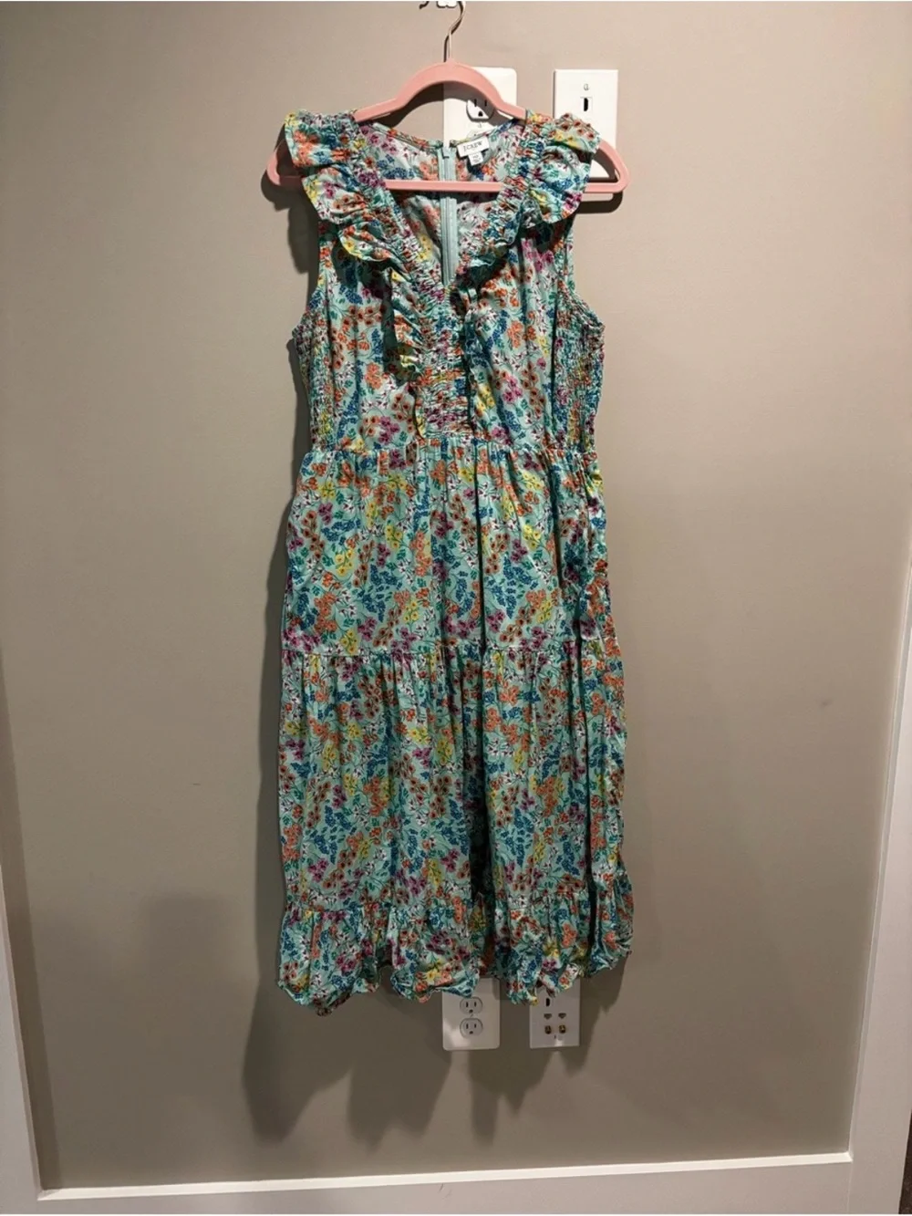 JCrew floral midi dress with ruffle V-neck teal and pink Size 10
